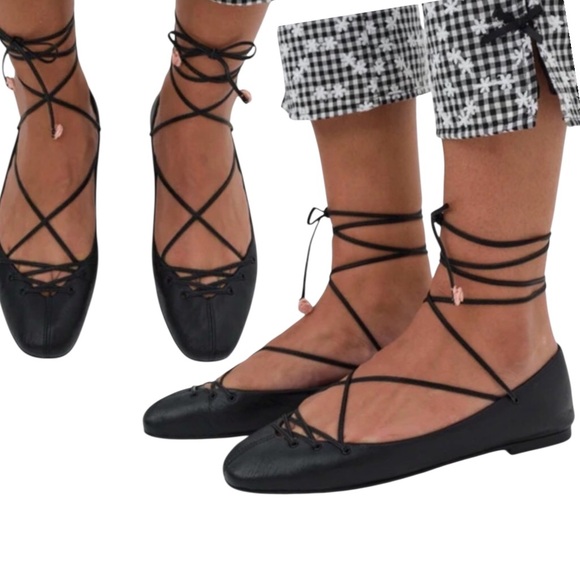 For Love & Lemons X Dolce Vita BEATE Black Leather Ankle Wrap Ballet Flat Sz-11 - Picture 1 of 16
